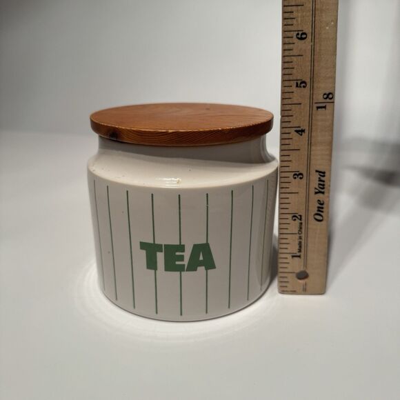 Hornsea Pottery England Green Stripes Tea Canister White Retro Wood Top MCM Jar - Picture 6 of 9